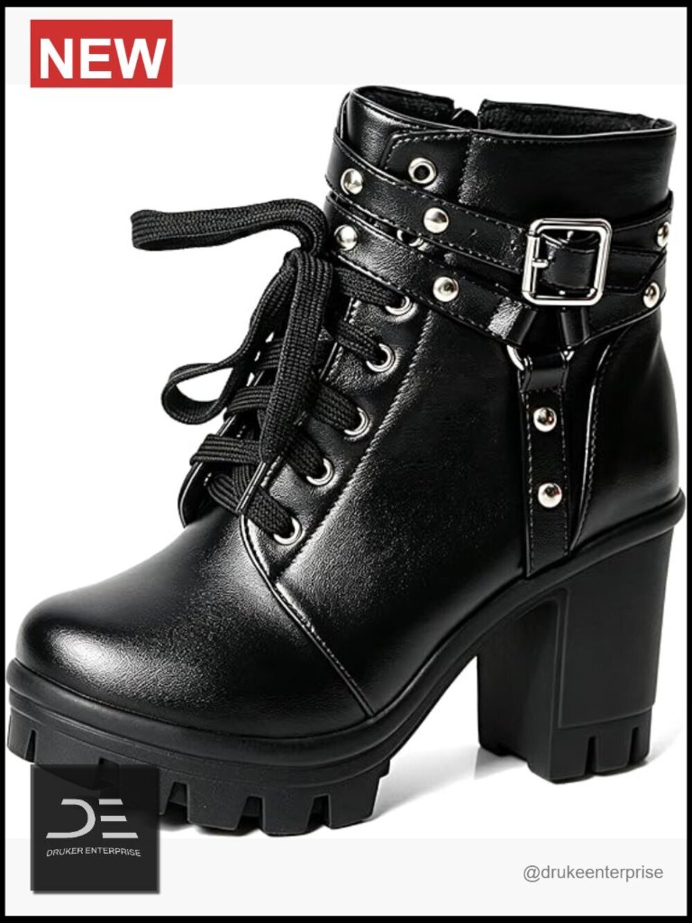 Platform Combat Boots with Chunky Heel, Lace Up & Side Zip, PU Leather